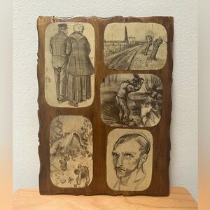 Handmade Van Gogh resin-coated print clippings collage on carved wood Plaque.